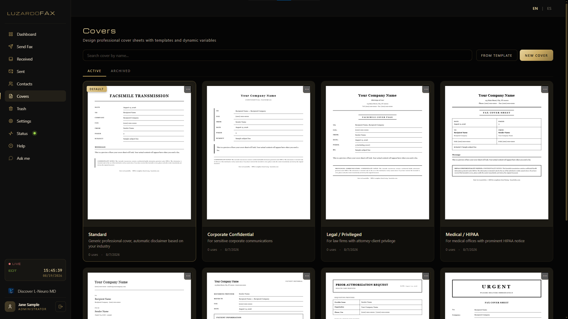 Cover sheet templates designed for black and white fax transmission